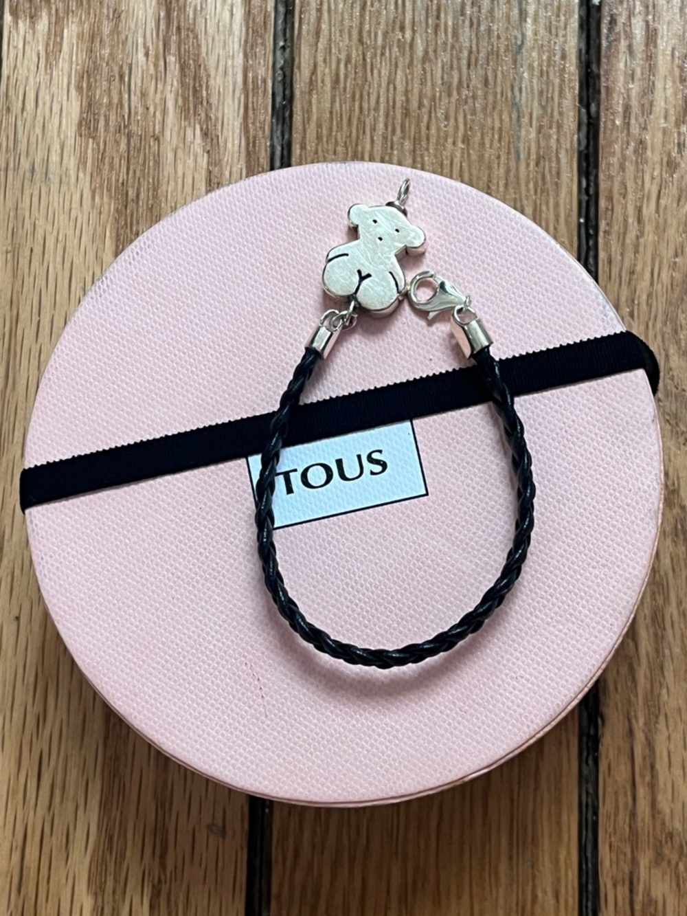 TOUS Black Braided Leather Bracelet with Classic Motif Silver Bear Charm